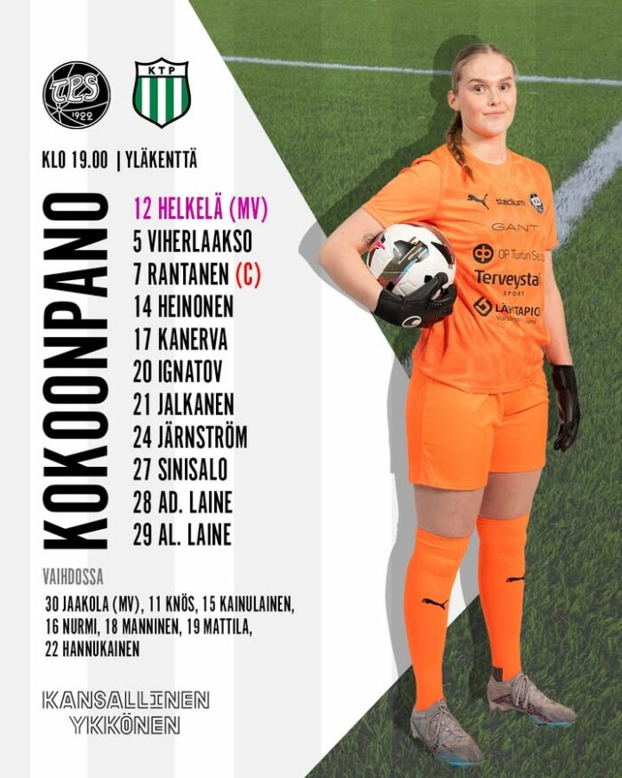 ⚫️ TPS TÄNÄÄN ⚪️

Päävalmentaja Petri Haapasalo on nimennyt kokoonpanon Kansallisen Ykkösen otteluun TPS – FC KTP. TPS:n junioreista päivän pelin kokoonpanoon on nostettu mukaan puolustaja Enna Jalkanen.