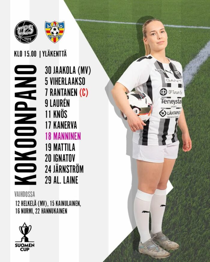⚫️ TPS TÄNÄÄN ⚪️

Päävalmentaja Petri Haapasalo on nimennyt kokoonpanon Naisten Suomen Cupin otteluun TPS–Åland United.