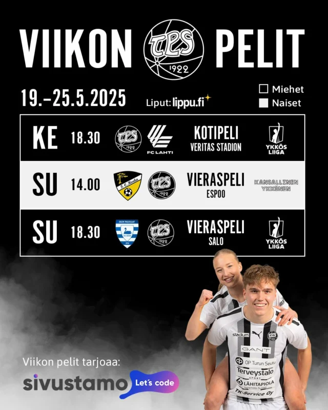 Ykkösliiga jatkuu tällä viikolla kahden ottelun voimin. Keskiviikkona kello 18.30 TPS:n miehet kohtaavat kotiottelussa FC Lahden. Viikon toisessa Ykkösliiga-ottelussaan Tepsi kohtaa Salon Palloilijat. Ottelu käynnistyy sunnuntaina kello 18.30 ja peliä voi seurata suorana Ruudun välityksellä.
TPS:n naiset suuntaavat sunnuntaina Espooseen, kun Kansallinen Ykkönen jatkuu vierasottelulla FC Honkaa vastaan. Joukkueet ovat sarjataulukossa peräkkäisillä sijoilla, joten jaossa on tärkeät pisteet.
🎫 Liput TPS:n kotipeleihin myy Lippu.fi. Linkki lippukauppaan biossa.
🤝 Yhteistyössä: Sivustamo Oy. Näkyvyyttä ja tehoa verkkoon – kotisivut, ylläpito, Google-mainonta ja hakukoneoptimointi yhdestä paikasta. Sivustamo tekee diginäkyvyydestäsi helppoa ja tuloksellista.